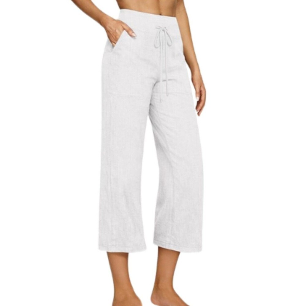Tempo Paris NWT White Elastic Waist Wide Leg 100% Italian Linen Cropped Pants, S